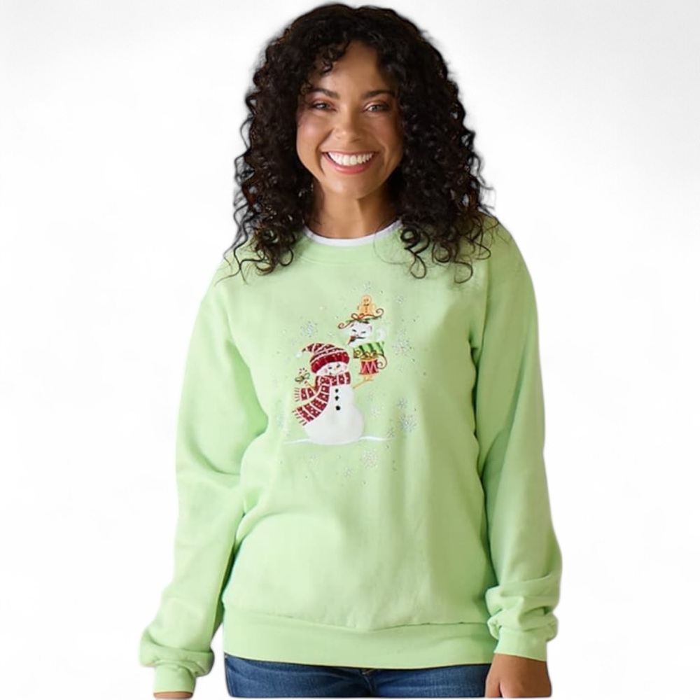 Morning Sun Snowman & Friends Green Pullover Fleece Sweatshirt Christmas NEW